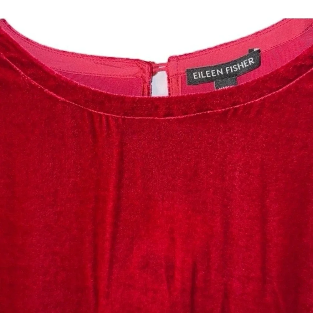 Eileen Fisher Large Ruby Red Crew Neck Long Sleeve Velvet Knee Length Dress NWT‎